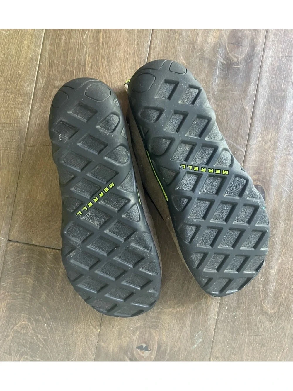 Merrell Kids Slip-On Suede Sneakers in Taupe with Black and Lime Accents